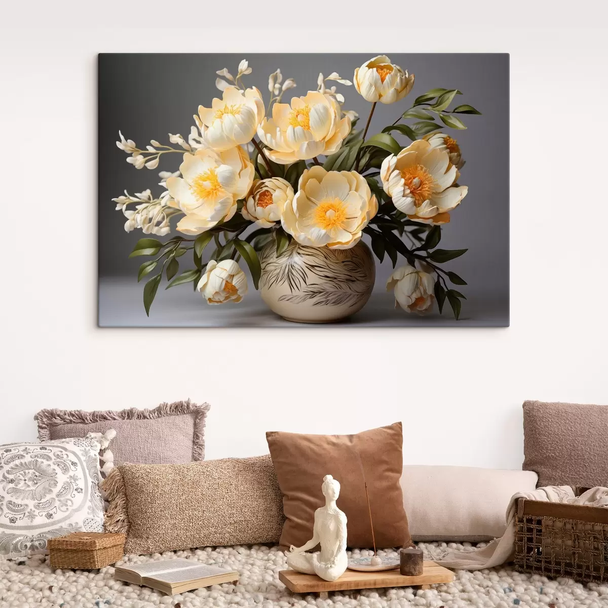 Pilt Õrnad lilled kollase keskusega mustrilise vaasi sees s44847