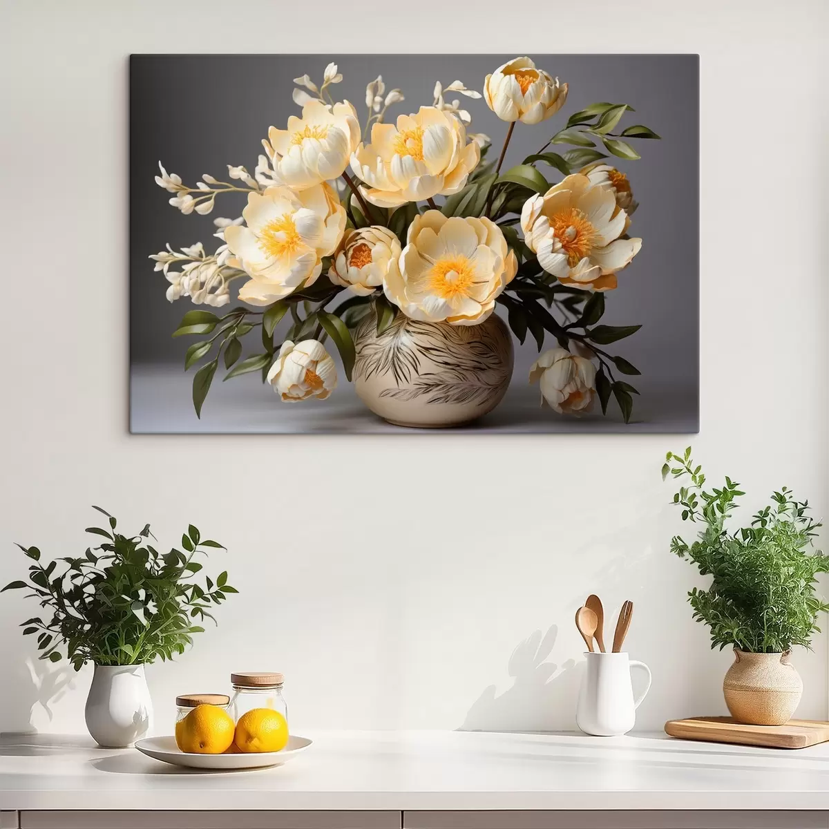 Pilt Õrnad lilled kollase keskusega mustrilise vaasi sees s44847