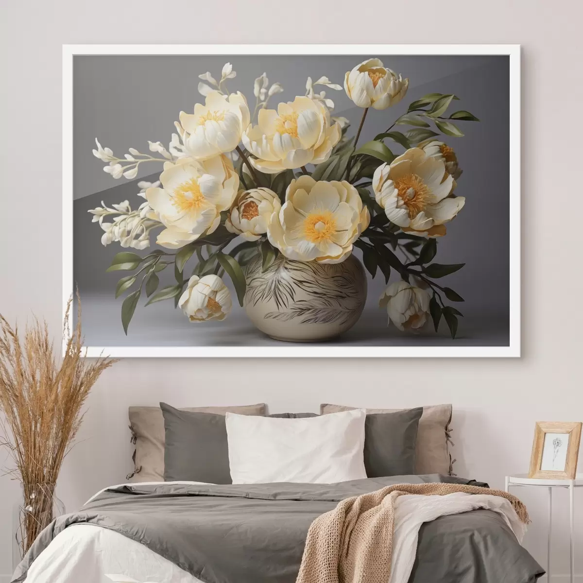 Plakat Õrnad lilled kollase keskusega mustrilise vaasi sees f44847