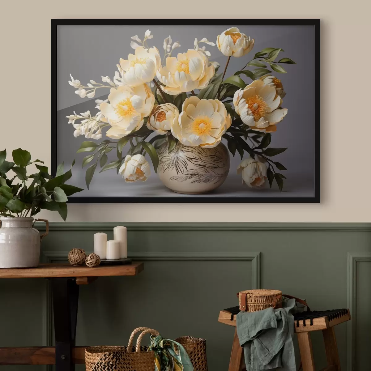 Plakat Õrnad lilled kollase keskusega mustrilise vaasi sees f44847