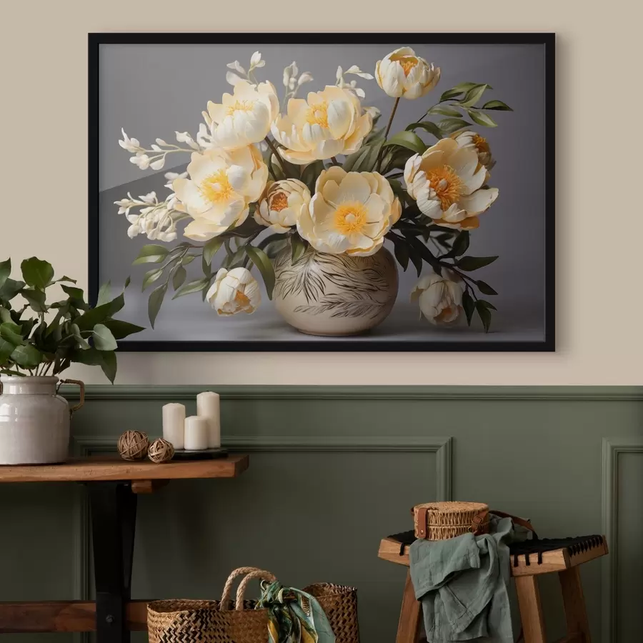 Fototapeedid Õrnad lilled kollase keskusega mustrilise vaasi sees f44847