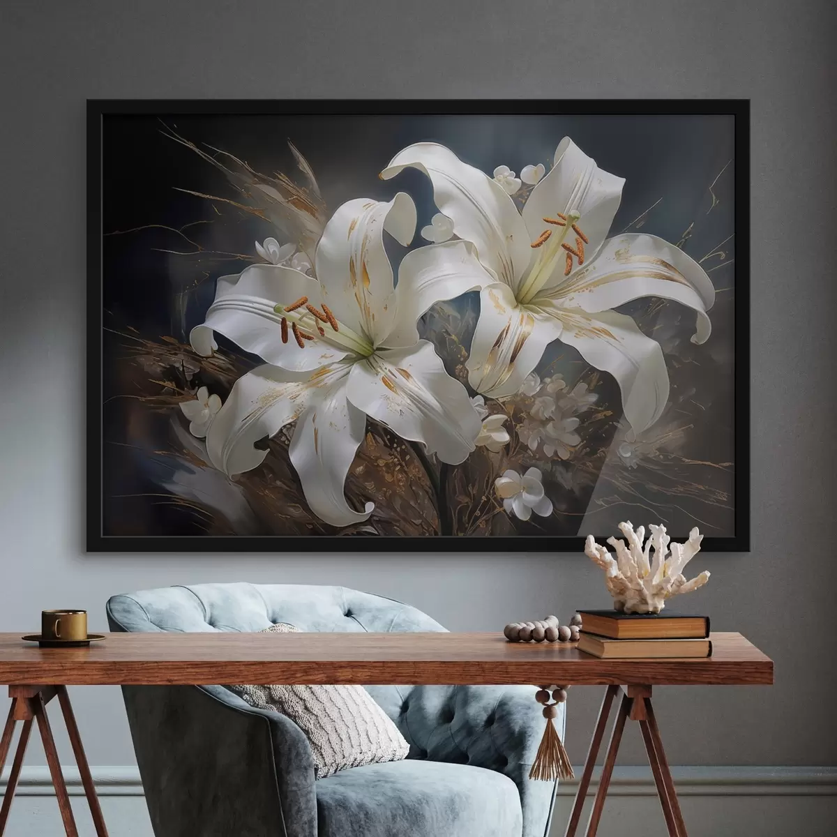 Plakat Lillelilled tumedal taustal koos dekoratiivsete elementidega f44848