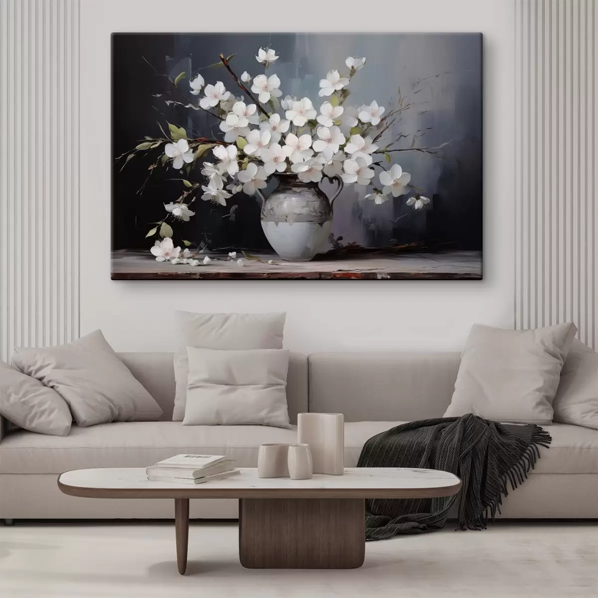 Pilt Õitsvad oksad vaasis tumedal taustal maalilises stiilis s44949