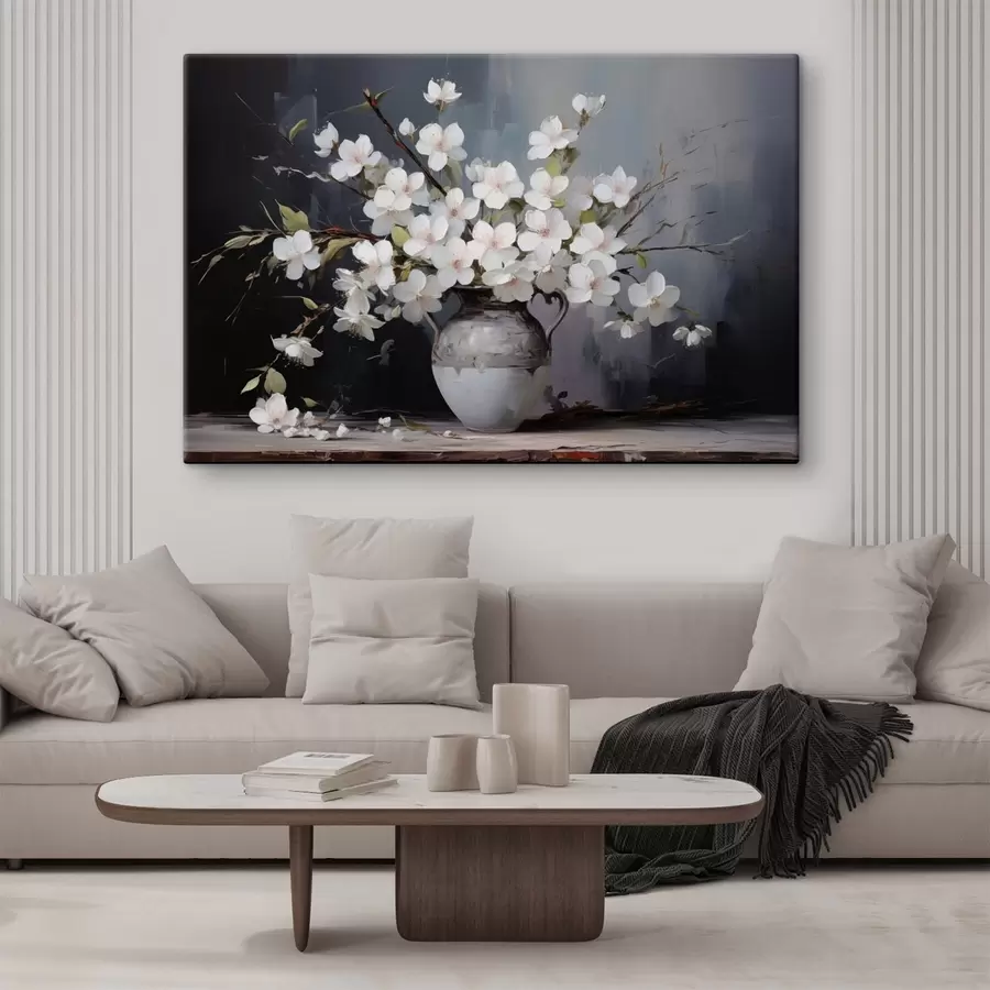 Pilt Õitsvad oksad vaasis tumedal taustal maalilises stiilis s44949