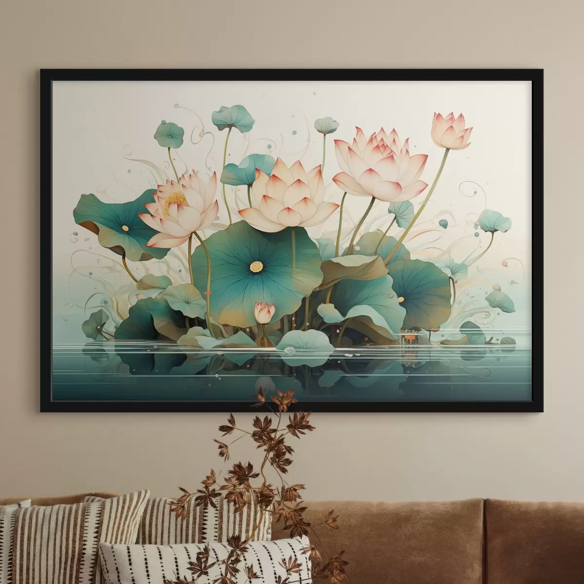 Plakat Lootoseid suurte lehtedega illustratsioonistiilis f44939