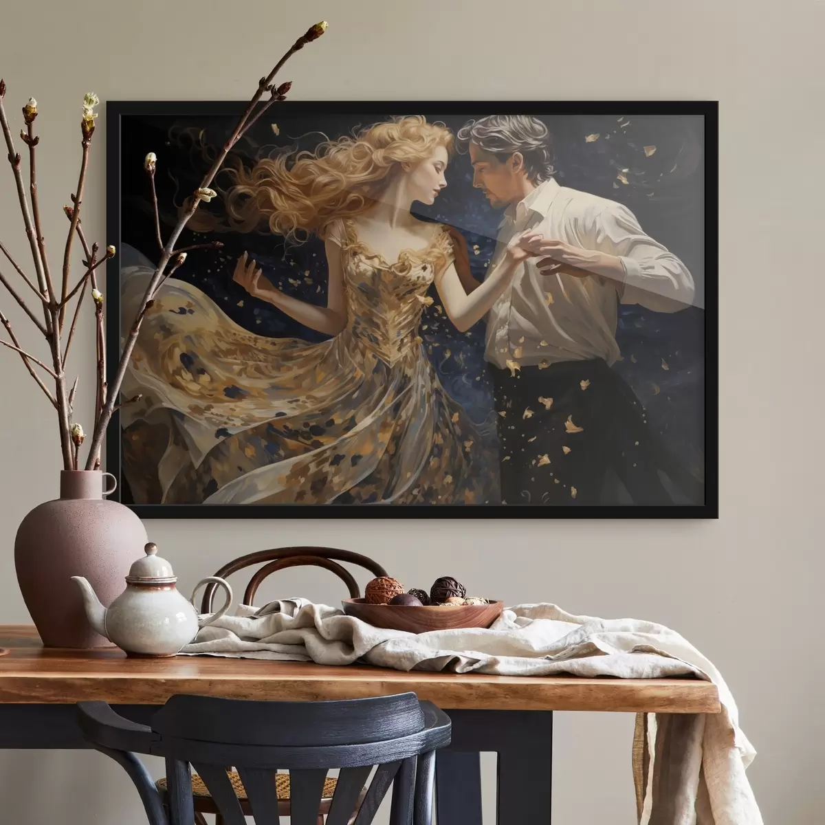 Plakat Paar liikumises kollase-sinistes toonides maalimisstiilis f44940