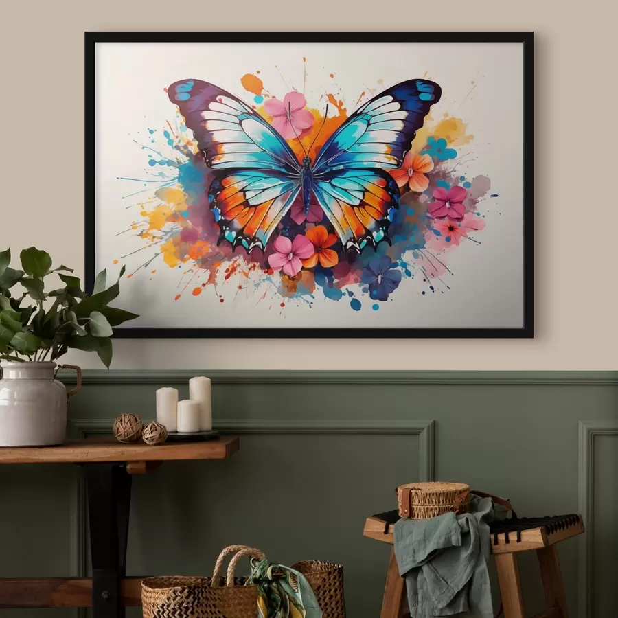 Fototapeedid Dünaamiline kompositsioon liblikas ja lilleplekid kunstistiilis f44943