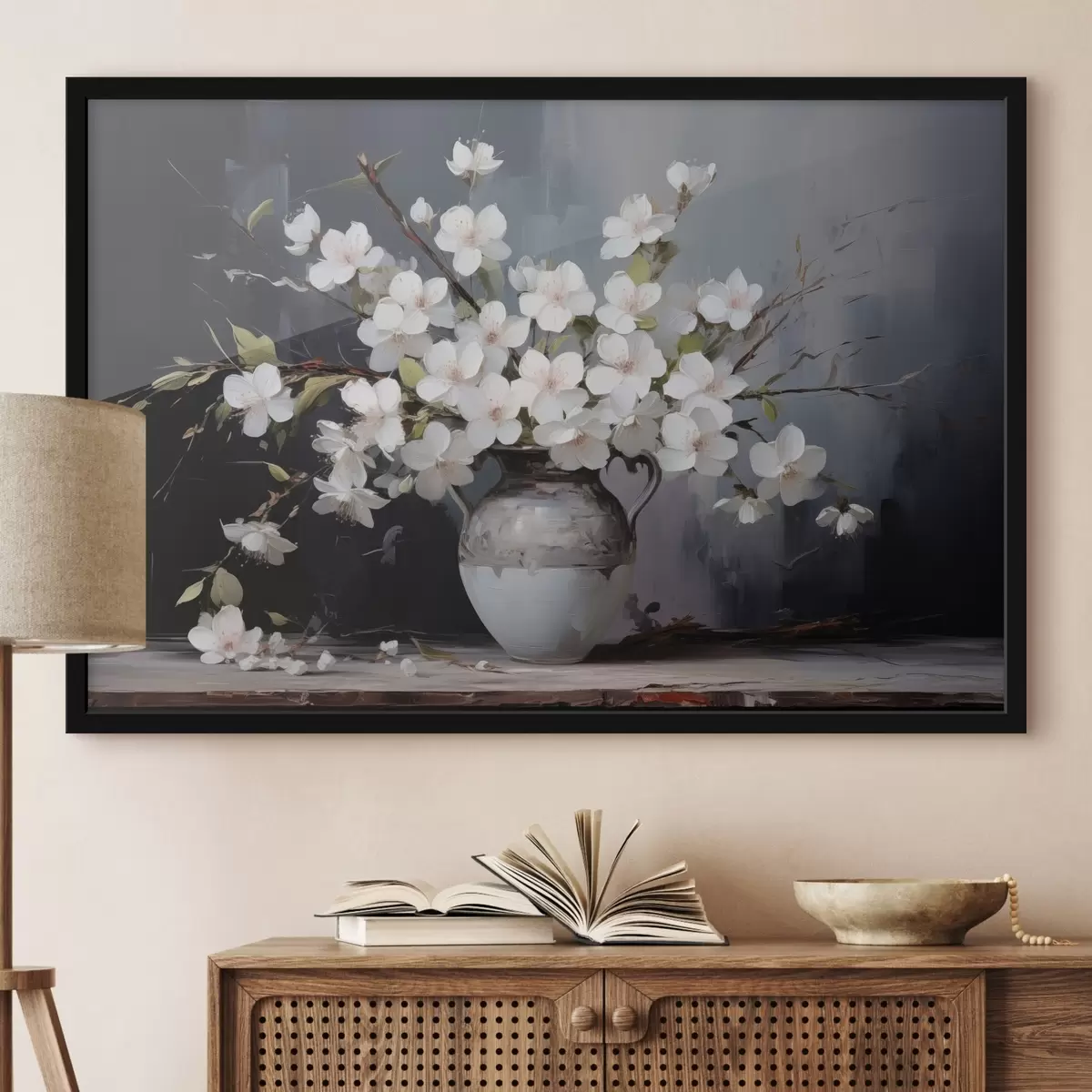 Plakat Õitsvad oksad vaasis tumedal taustal maalilises stiilis f44949