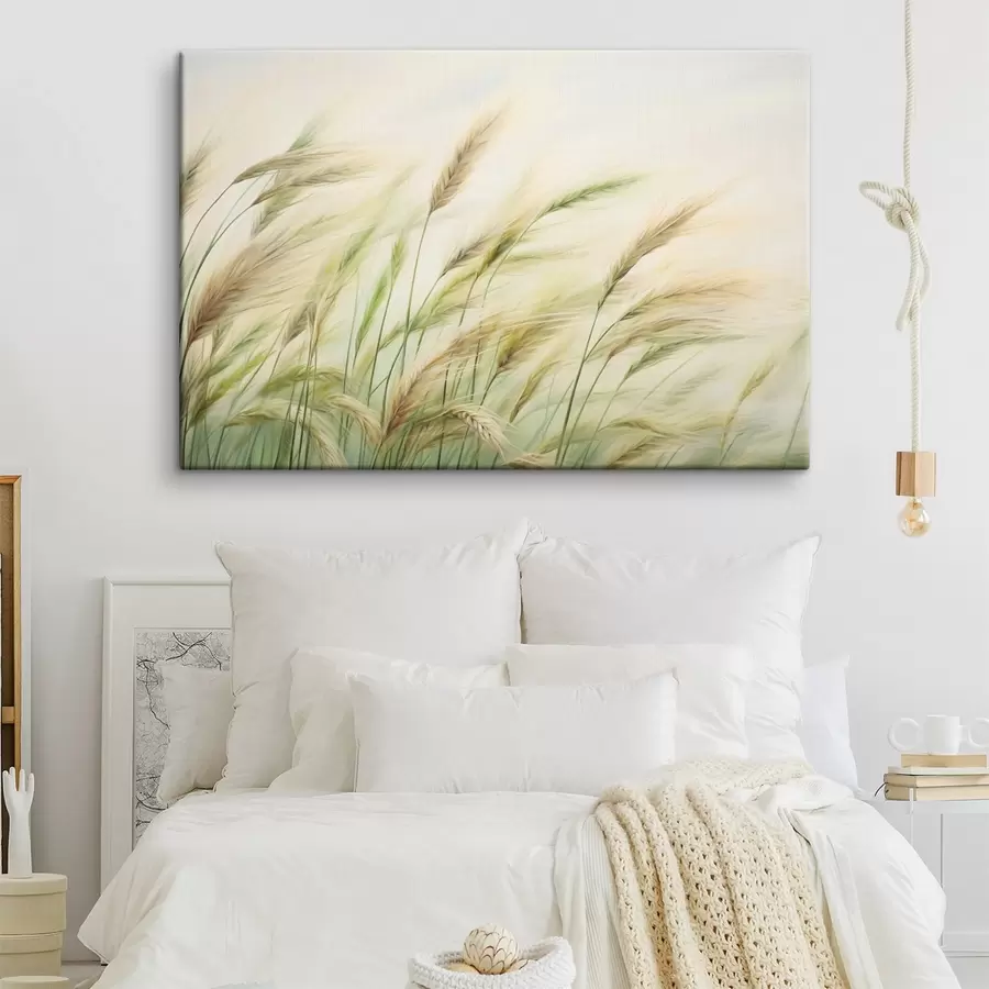 Pilt Nisupõld kollaste ja roheliste viljateradega, pehmed pintslitõmbed ja kerge värvipalett, loomulik atmosfäär s44923