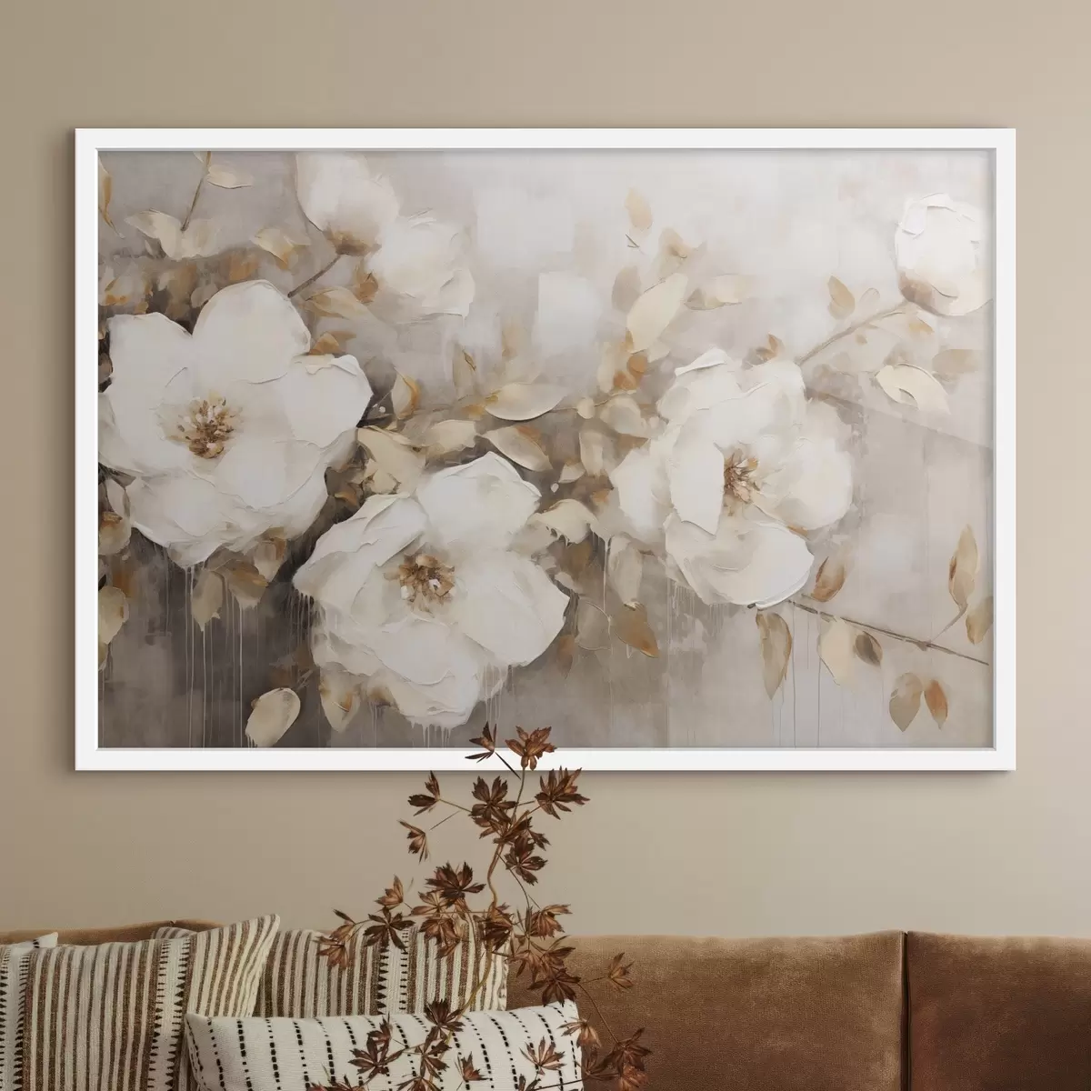 Plakat Valged lilled koos pruunide lehtedega beežil taustal, õlimaalide imitatsioon, lillekokkulepe, botaaniline kunst f44922