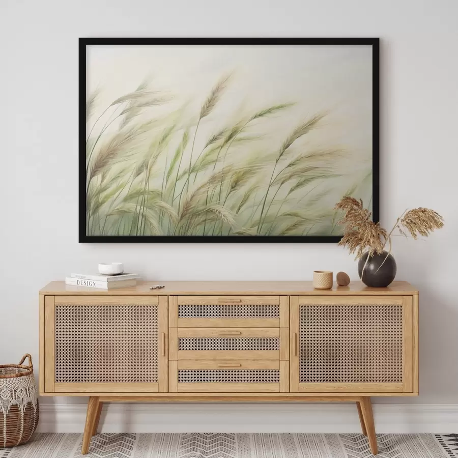 Fototapeedid Nisupõld kollaste ja roheliste viljateradega, pehmed pintslitõmbed ja kerge värvipalett, loomulik atmosfäär f44923