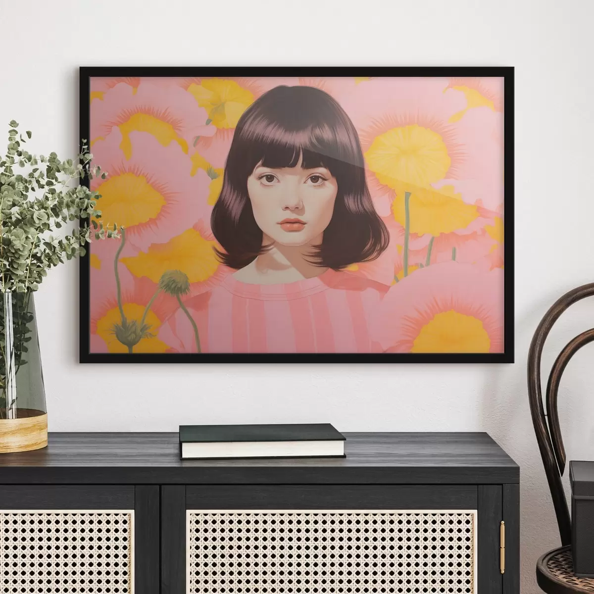 Plakat Dekoratiivne minimalistlik portree aasia tüdrukust kollaste ja roosade lillede väljal f44924
