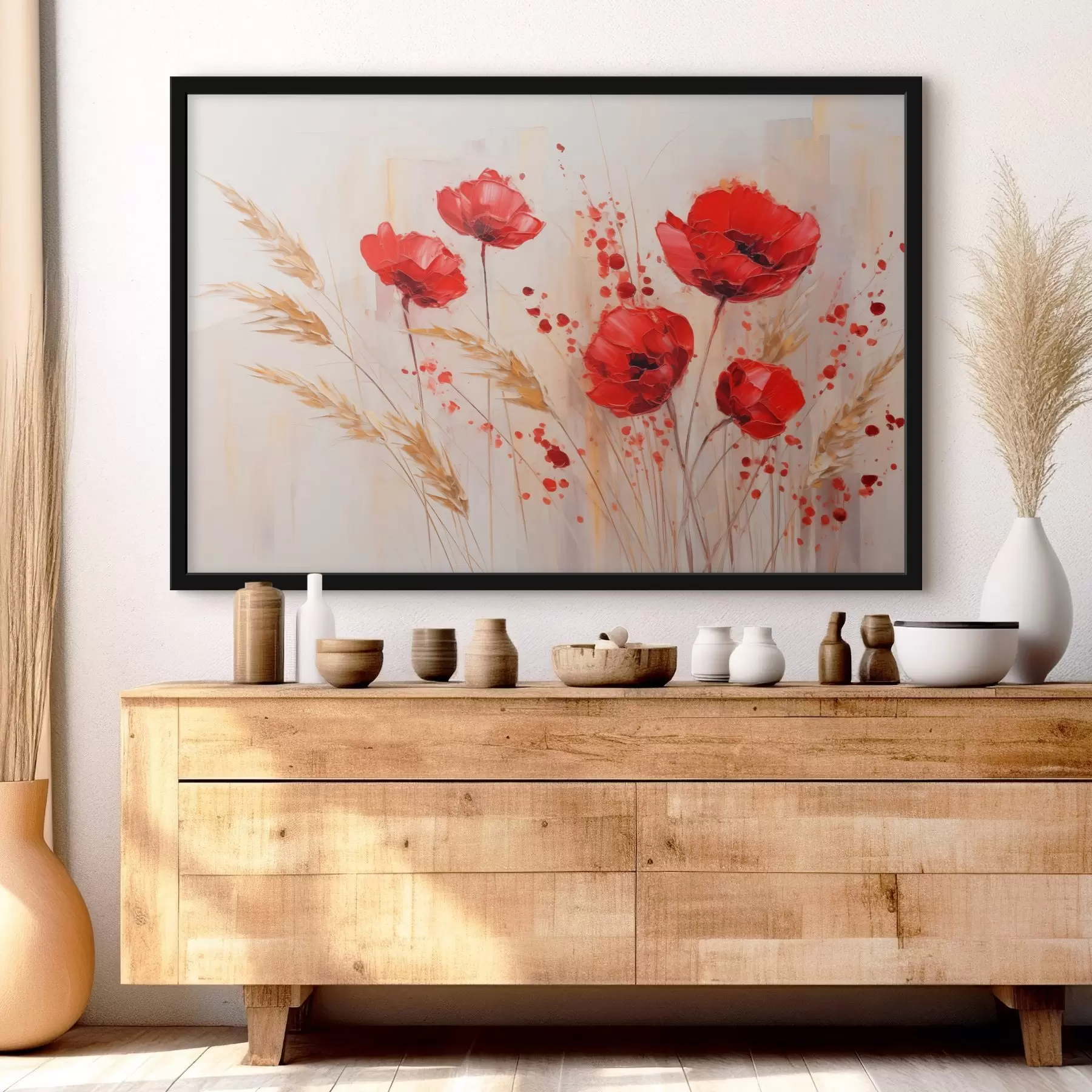 Fototapeedid Punased moonililled koos kollaste nisuvartega, pehmel, neutraalsel taustal, millel on punased värviplekid f44926