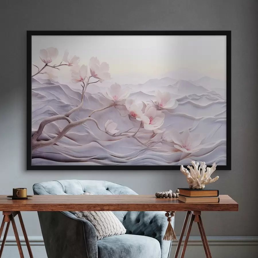 Fototapeedid Roosade lilledega lilleharu, taustal mäed, pehmed pastelsed värvid, jaapani tekstuurne kunst f44930