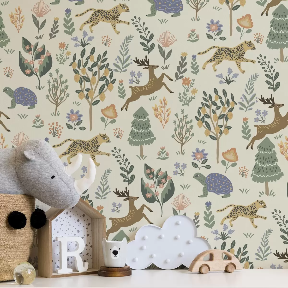 Tapeet Retro illustratsioon leopardide, puude ja hirvedega a00184