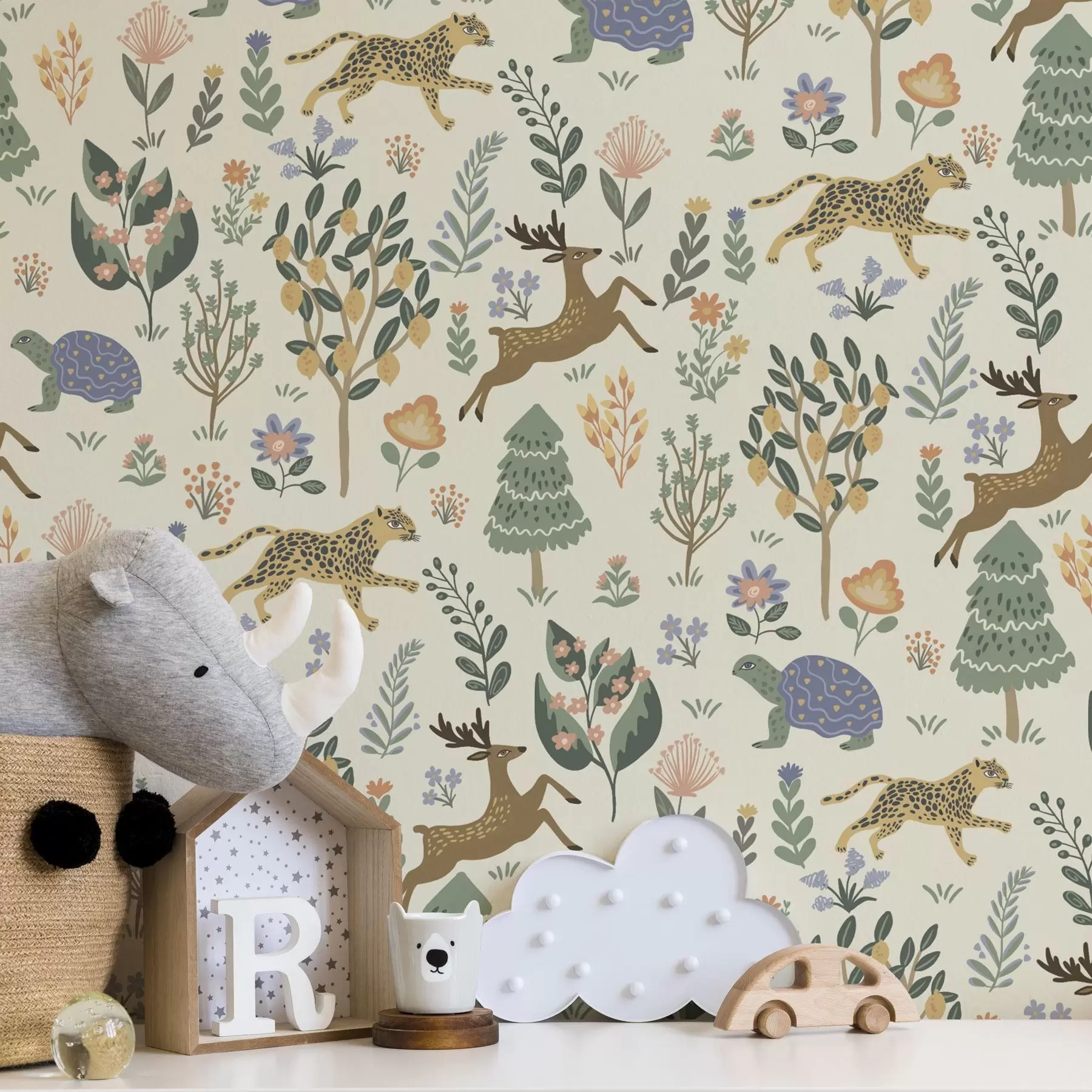 Fototapeedid Retro illustratsioon leopardide, puude ja hirvedega a00184