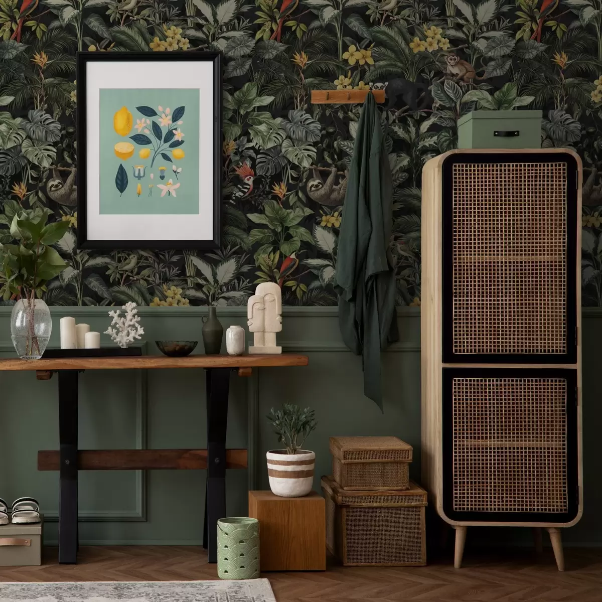 Tapeet Troopiline džungel koos ahvide, lindude ja tiheda lehestikuga a00191