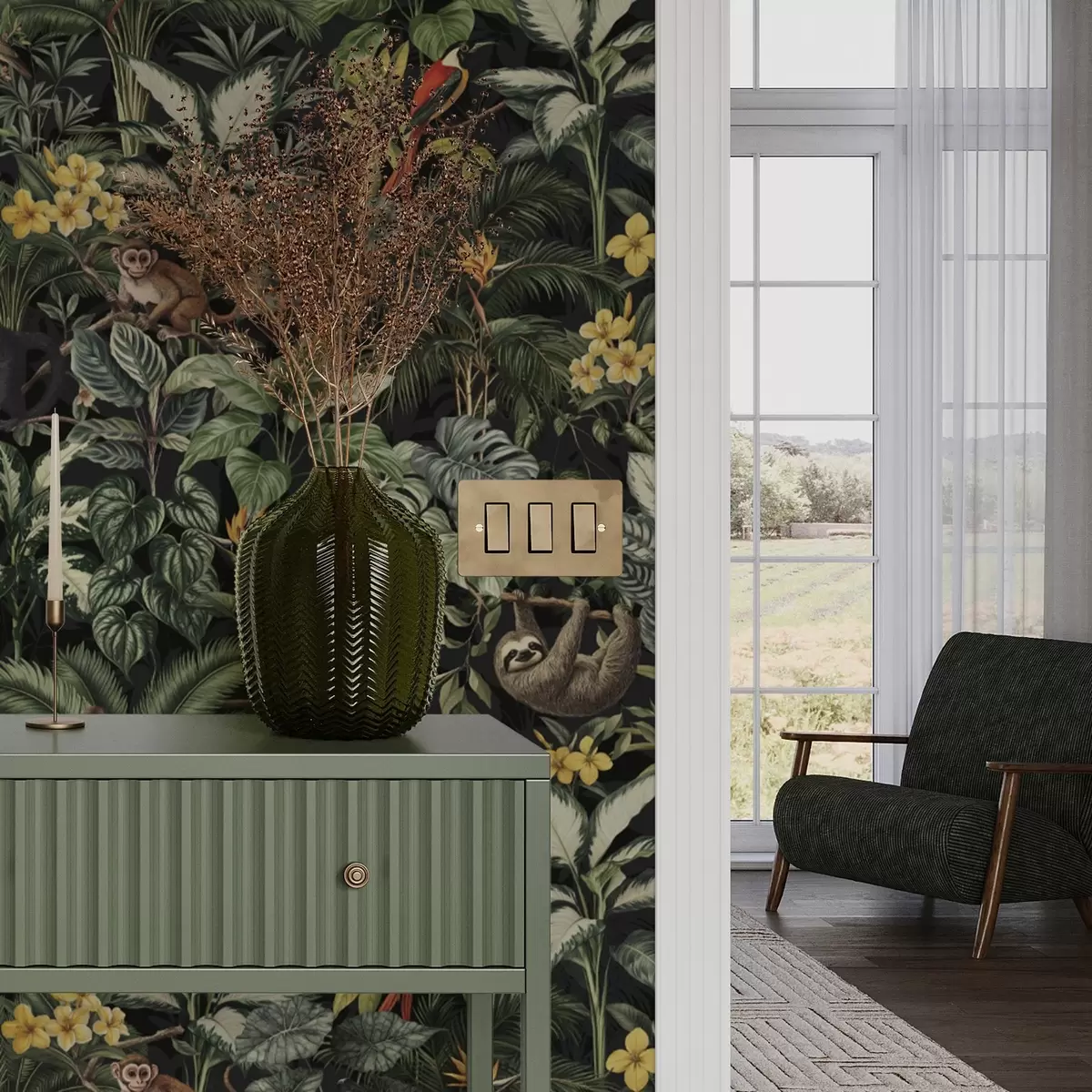 Tapeet Troopiline džungel koos ahvide, lindude ja tiheda lehestikuga a00191