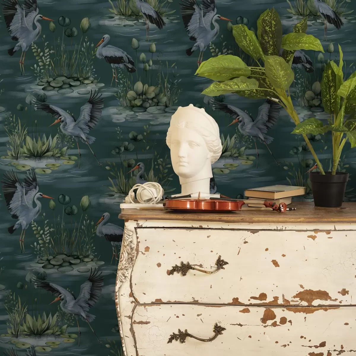 Tapeet Stseenid koos haigrutega tiikide ja vesirooside taustal a00202