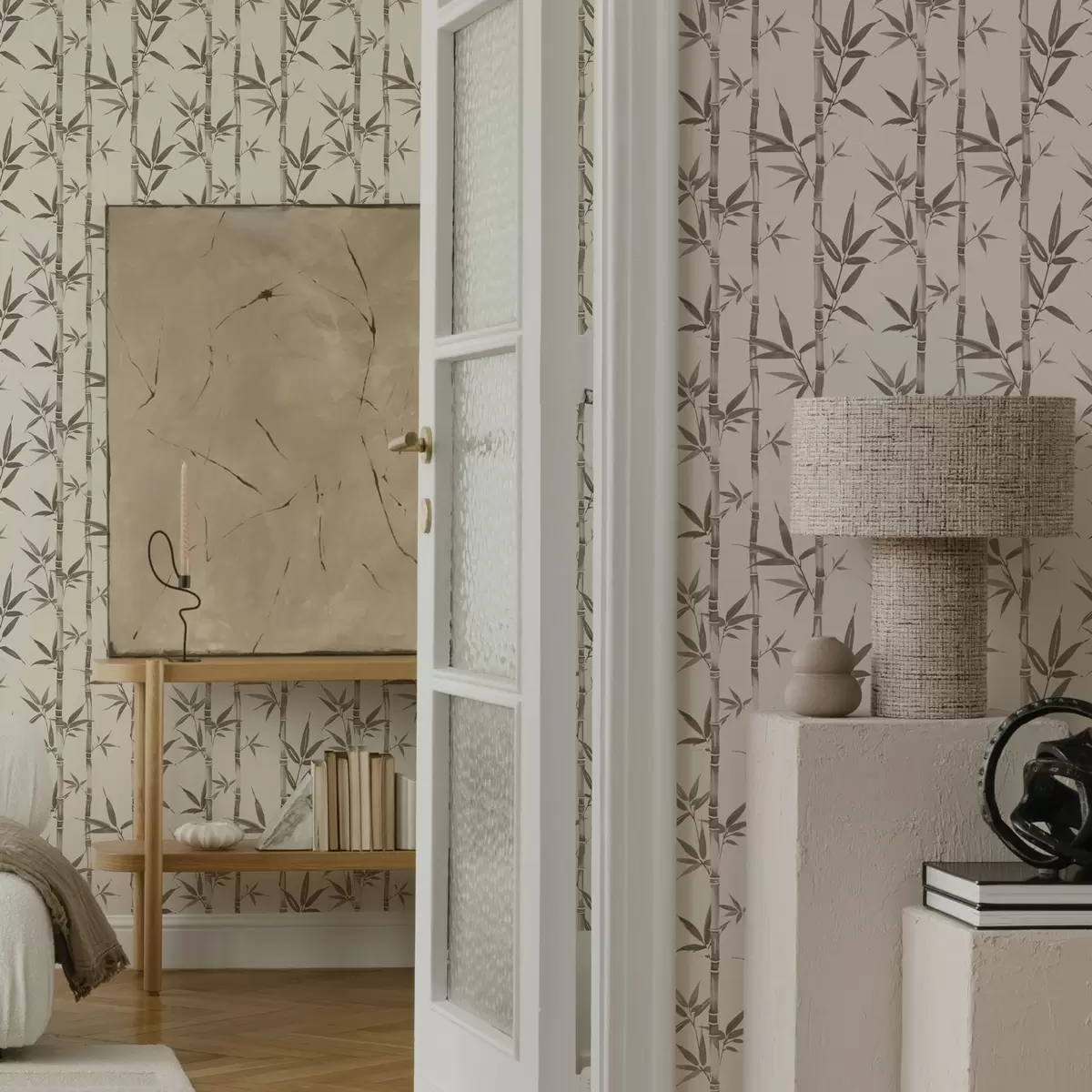 Tapeet Jaapani stiilis lehtedega beež bambusemuster a00236