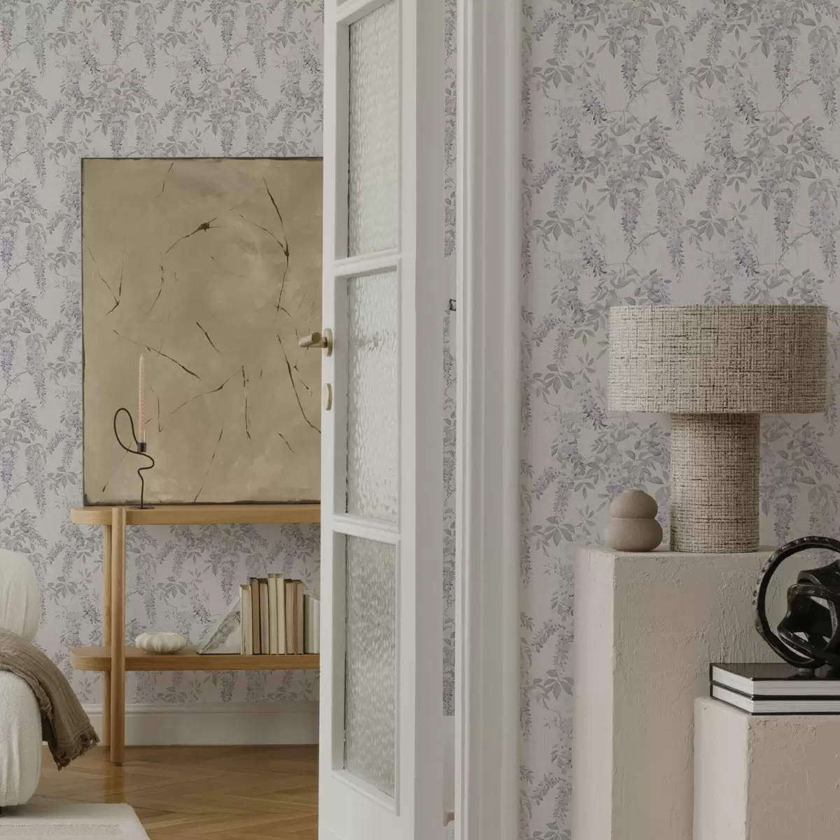 Tapeet Lillakad visteria valgel taustal, akvarellstiilis a00239