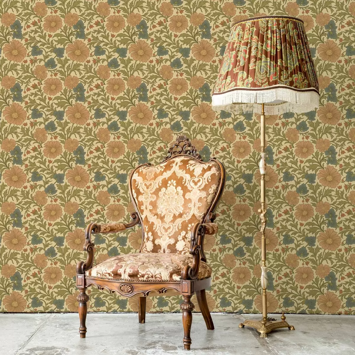 Tapeet Retro muster oranžide ja siniste lilledega a00245