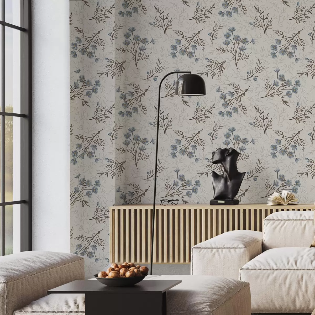 Tapeet Sinised lilled ja heledad oksad valgel taustal a00265v1