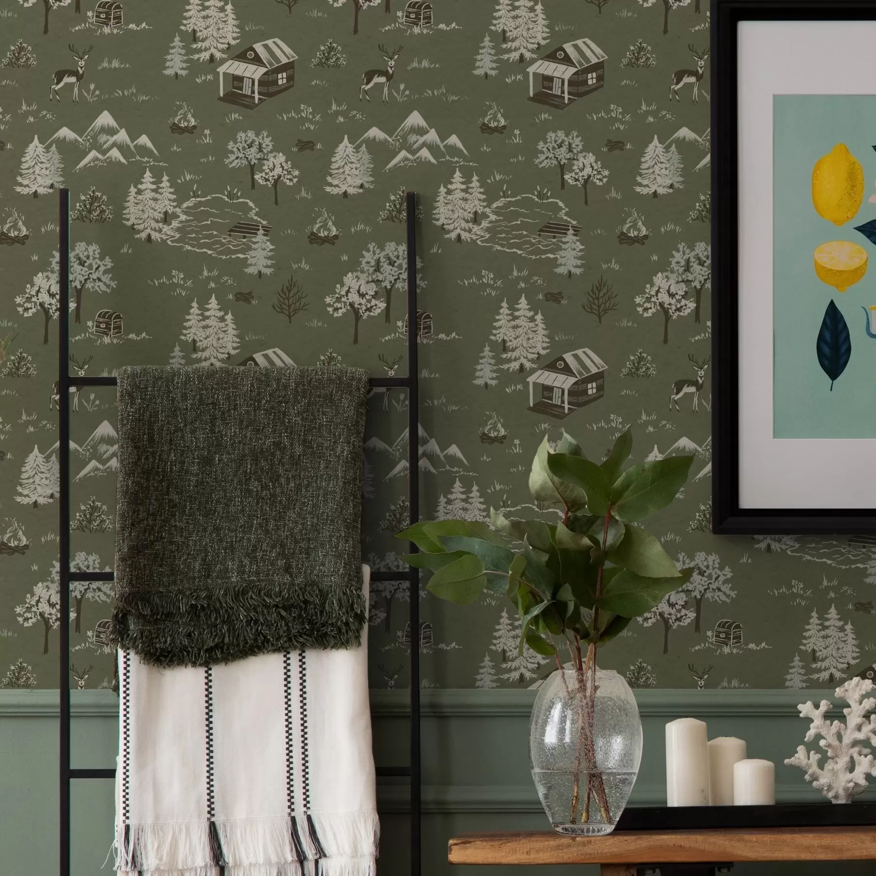 Fototapeedid Värvitud mets koos järve, maja ja loomadega a00267