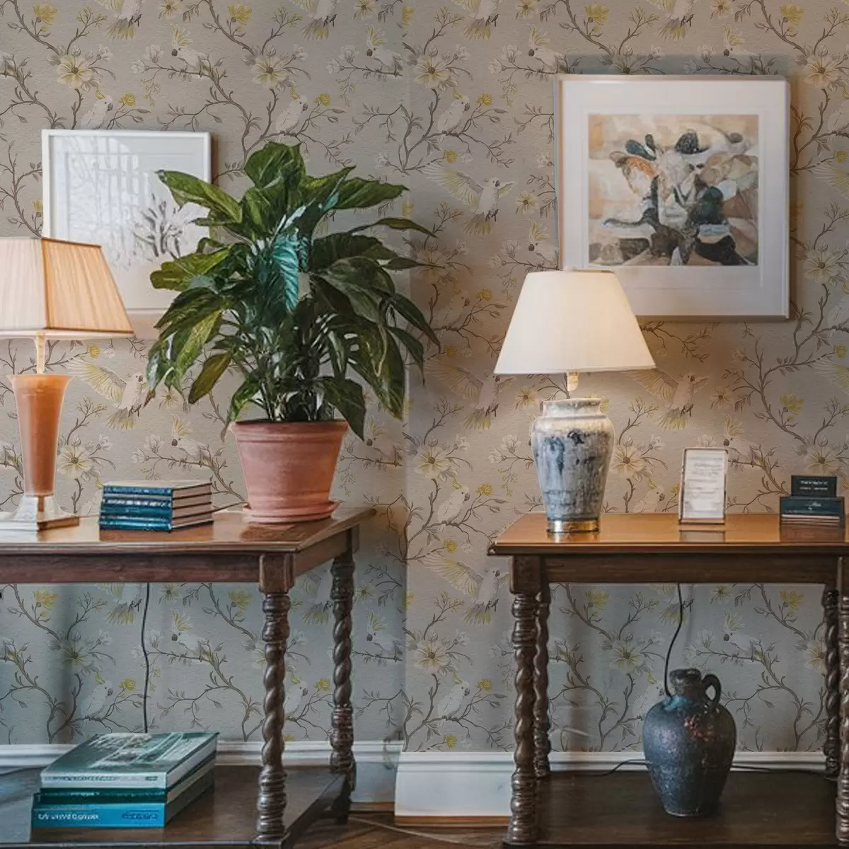 Tapeet Papagoid ja kollased lilled heledal taustal a00270