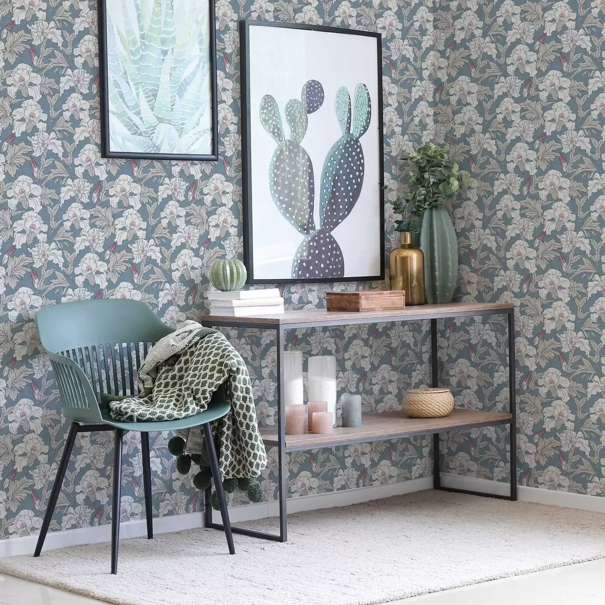 Tapeet Valge hibiskus sinisel taustal kontuurmustriga a00272v1