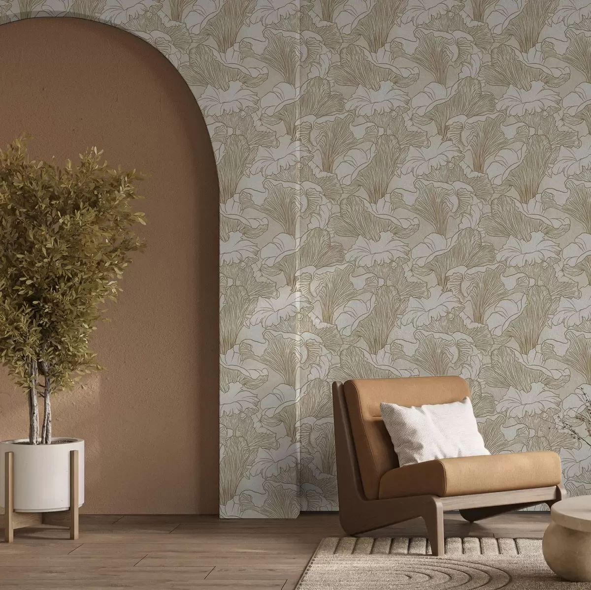 Tapeet Kanterelli seened, jooneline joonistus kreemvalgel taustal a00275