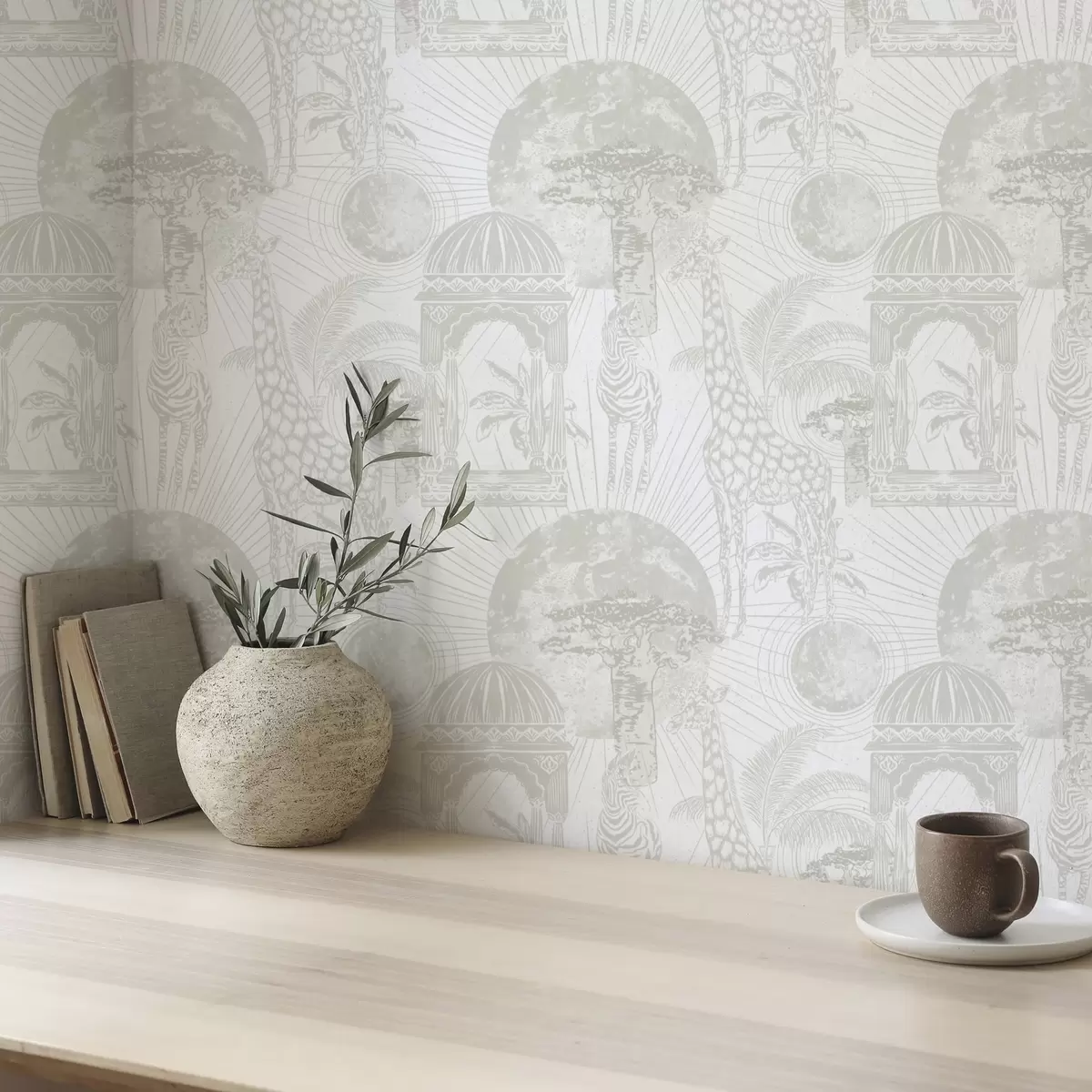 Tapeet Graafiline illustratsioon kaelkirjakute, sebrade ja palmipuudega a00276v1