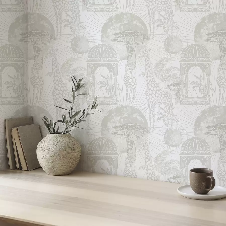 Fototapeedid Graafiline illustratsioon kaelkirjakute, sebrade ja palmipuudega a00276v1