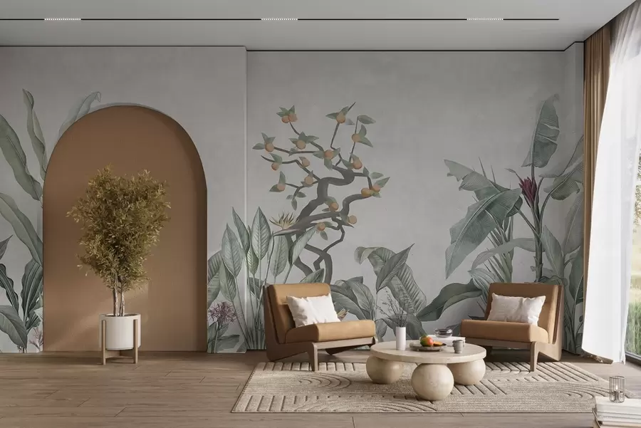 Fototapeedid Troopilised taimed koos oranži puuga heledal taustal w04201