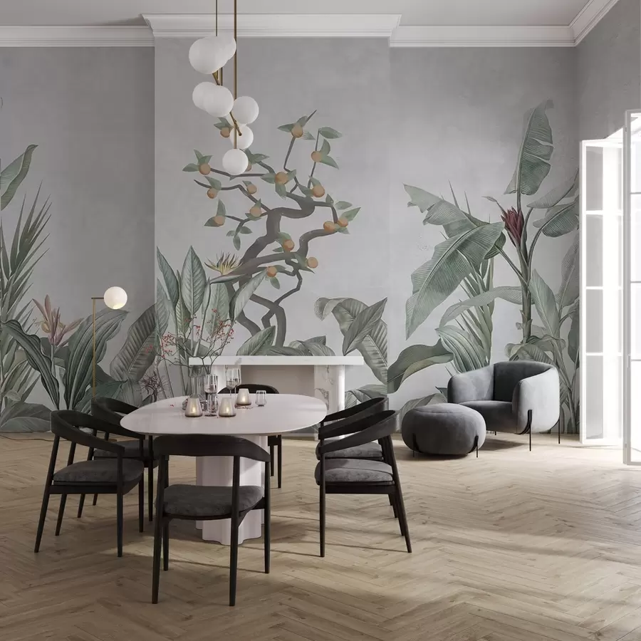 Fototapeedid Troopilised taimed koos oranži puuga heledal taustal w04201