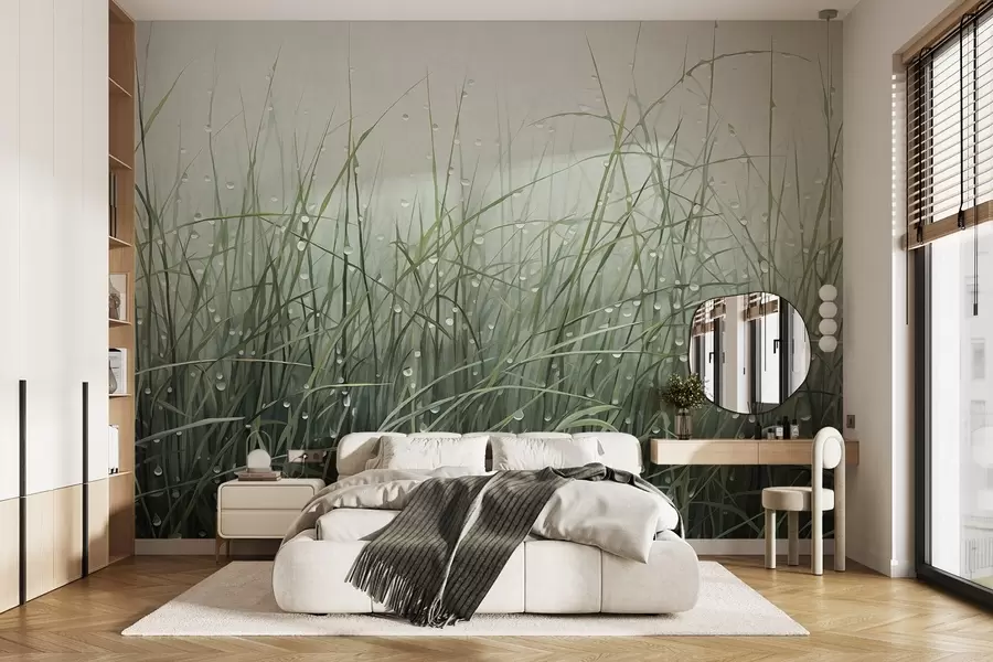 Fototapeedid Rohi koos veetilkadega, vaoshoitud rohelised toonid, pehme valgus, udune taust, abstraktne minimalistlik tekstuurne stiil w09217