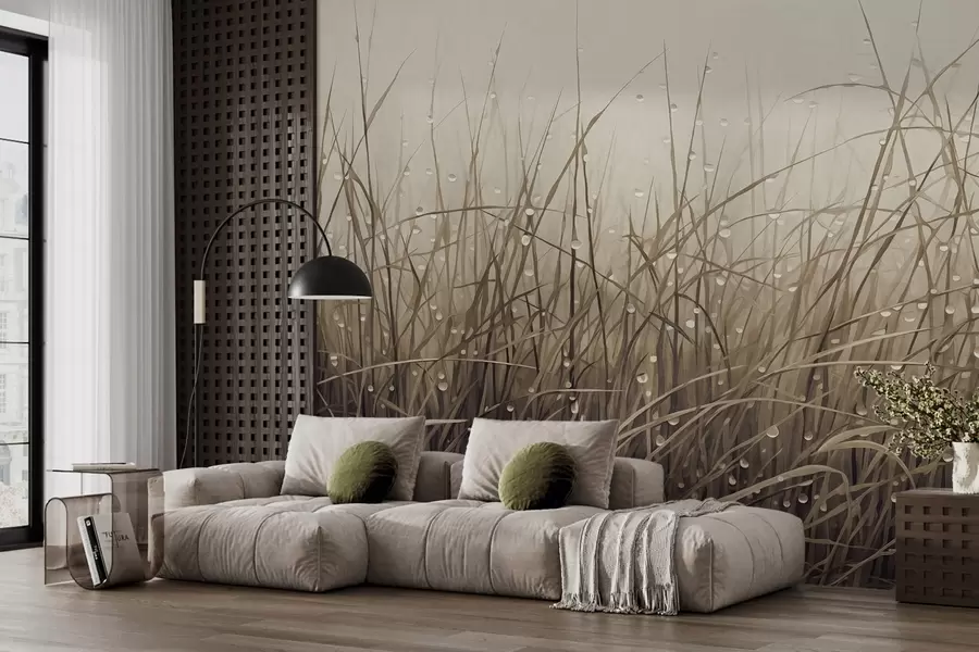 Fototapeedid Rohi koos veetilkadega, vaiksed pruunid toonid, pehme valgus, udune taust, abstraktne minimalistlik tekstuurne stiil w09217v1