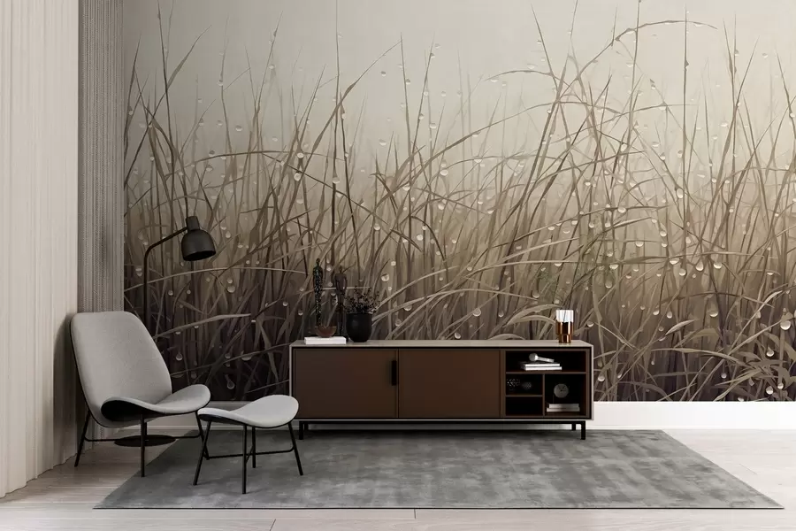 Fototapeedid Rohi koos veetilkadega, vaiksed pruunid toonid, pehme valgus, udune taust, abstraktne minimalistlik tekstuurne stiil w09217v1