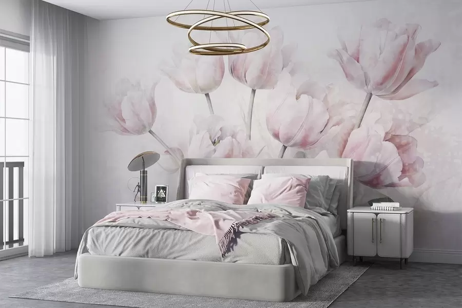 Fototapeedid Roosa tekstuuriga tulbid roheliste lehtedega, pehme valgus, vintage akvarellistiil, õrnad pintslitõmbed w09220