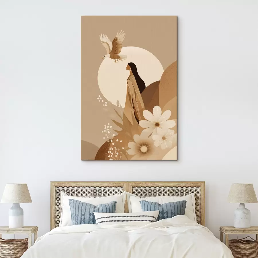 Pilt Abstraktsioon koos naise ja kotkaga taevas, beežid värvid s44978