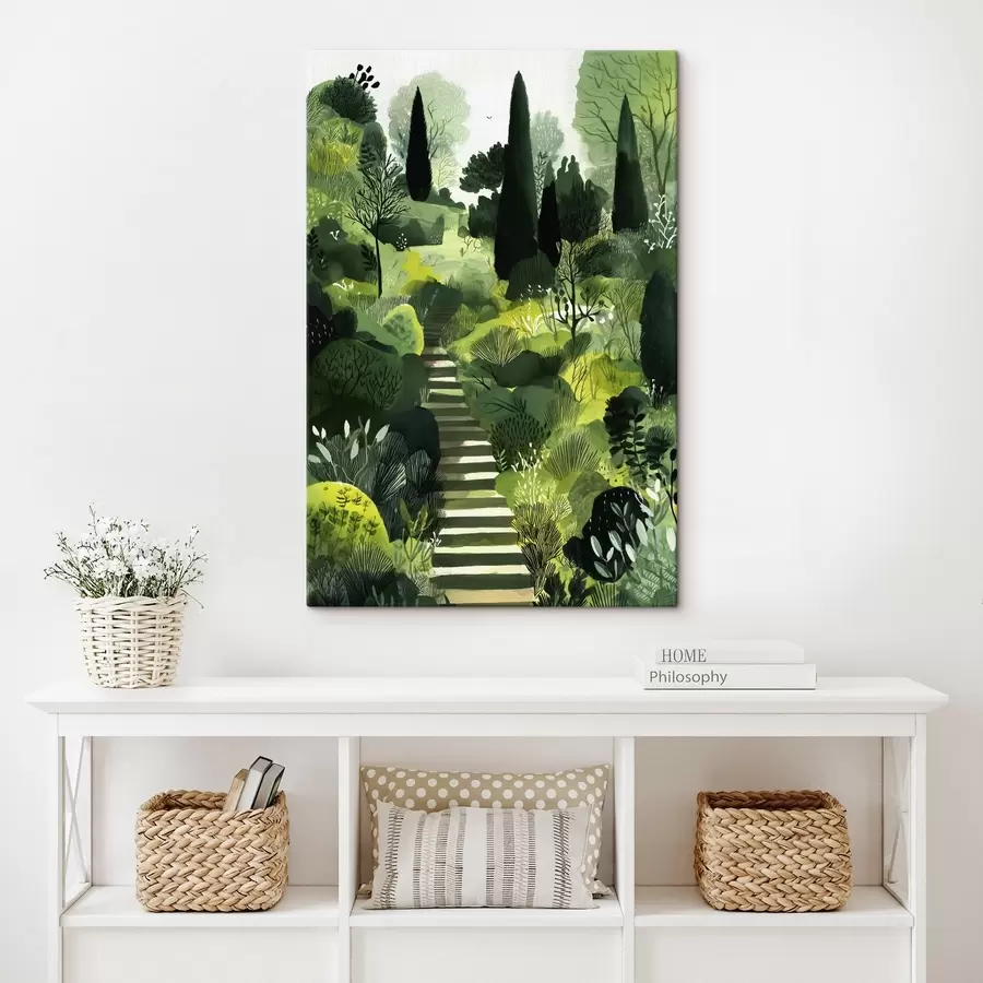 Pilt Rohelised künkad puude ja põõsastega, betoonist trepid, lopsakad värvid s44980