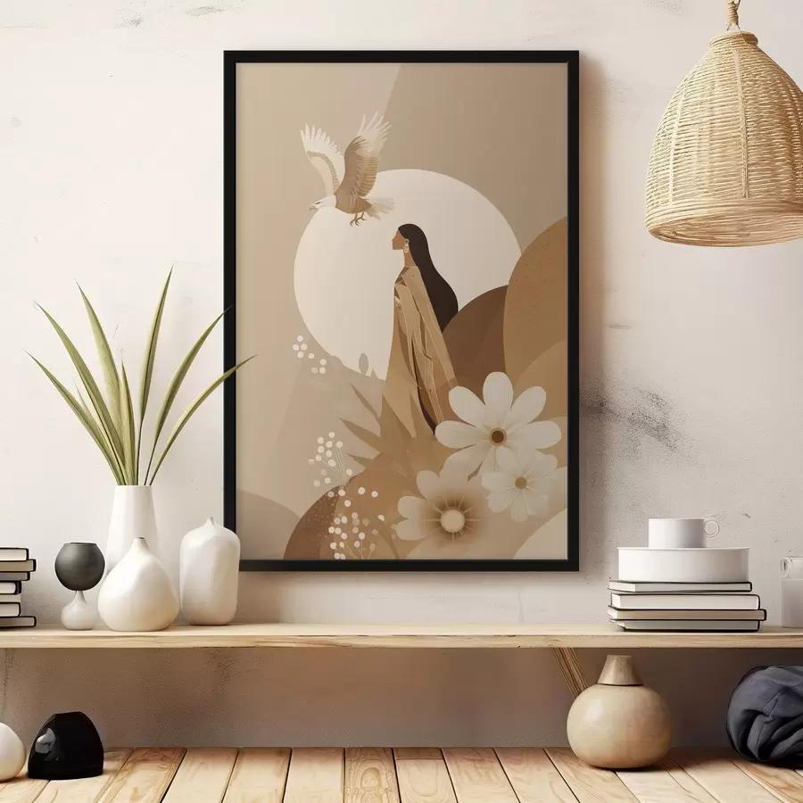 Fototapeedid Abstraktsioon koos naise ja kotkaga taevas, beežid värvid f44978