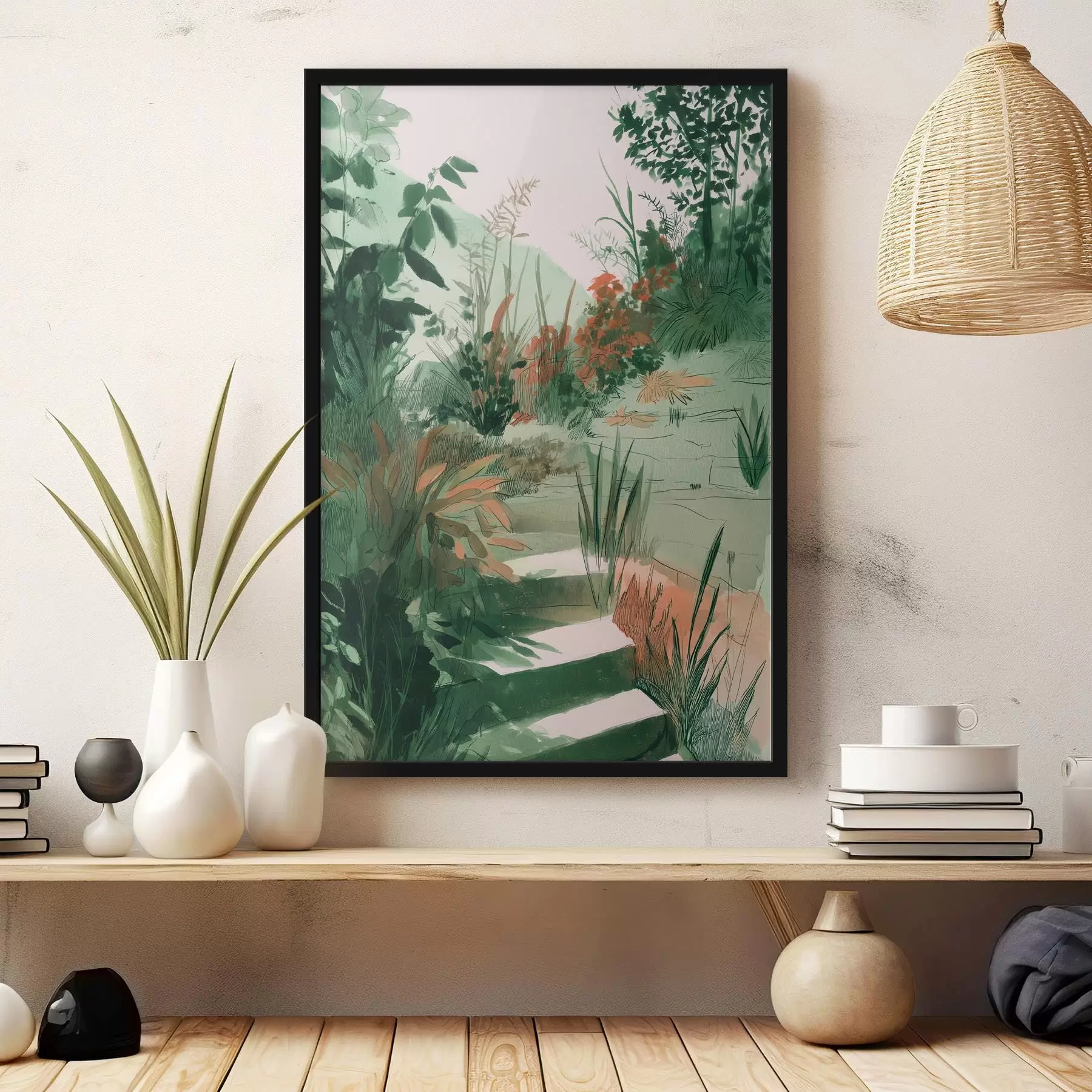 Pilt Idamaine aed koos põõsaste ja puudega, rohelised värvid f44982