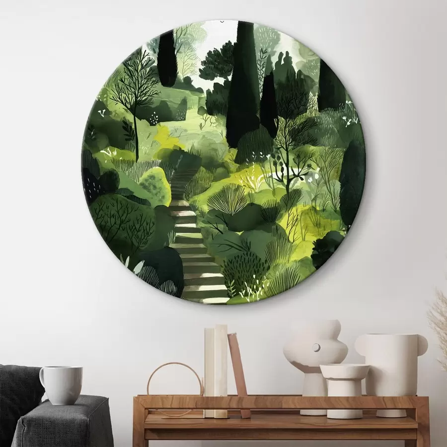 Pilt Rohelised künkad puude ja põõsastega, betoonist trepid, lopsakad värvid r44980