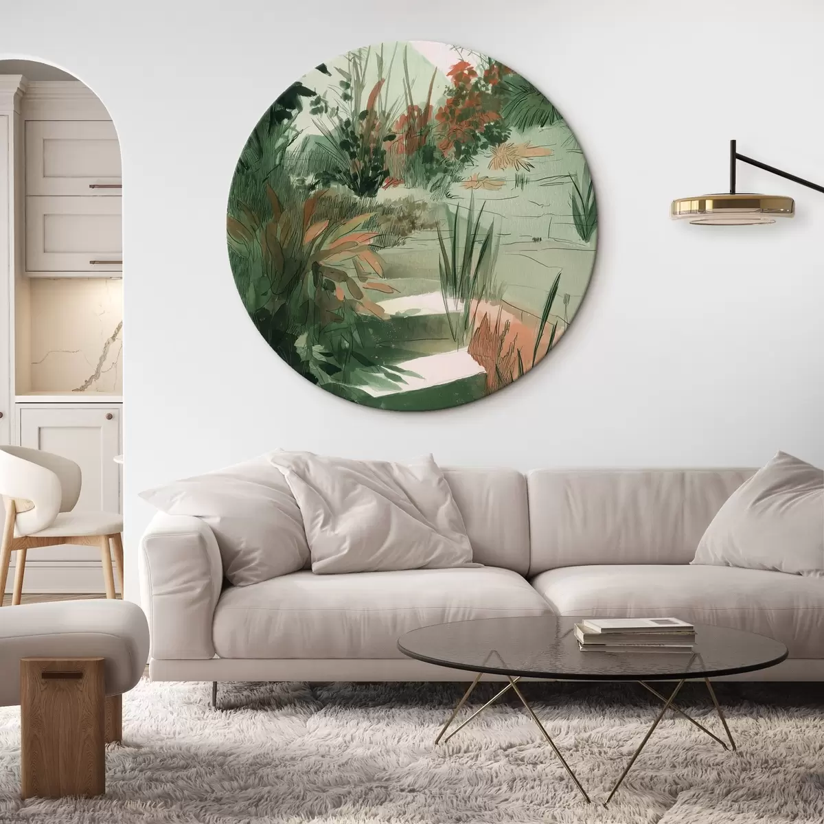 Ümmargused maalid Idamaine aed koos põõsaste ja puudega, rohelised värvid r44982