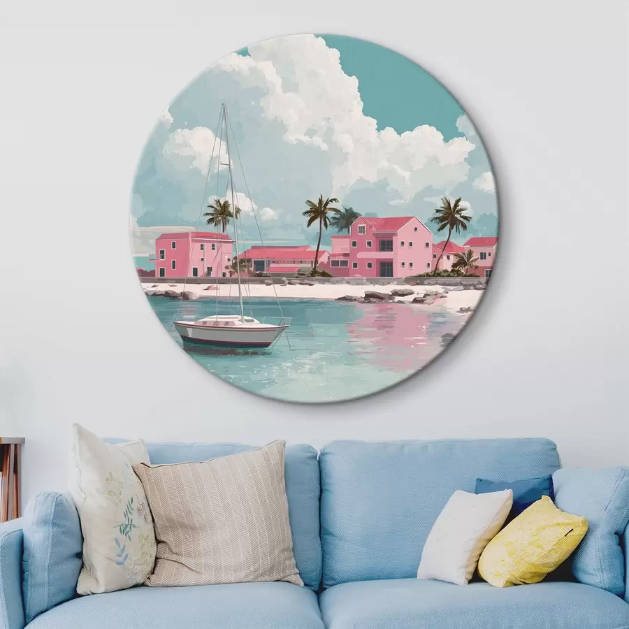 Pilt Roosa rand heleda päikesepaistega, purjekas ja majad r44986