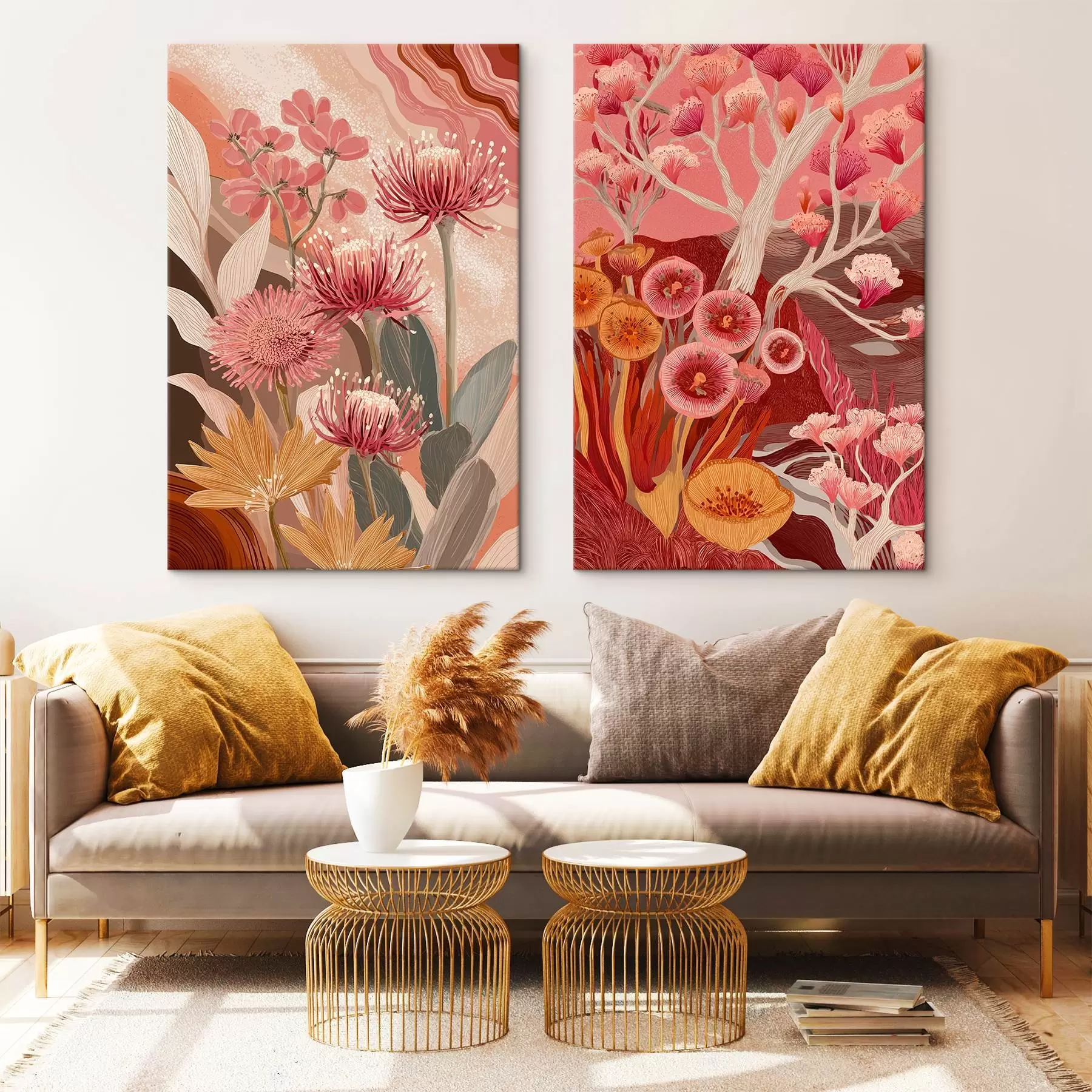 Pilt Boho stiilis lilled, detailne joonistus, burgundia värvid m00476