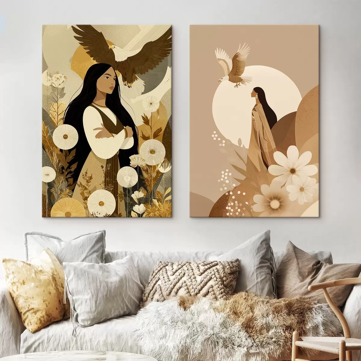 Pilt Naised lendavate kotkastega, hõimu stiilis, beežid värvid m00477