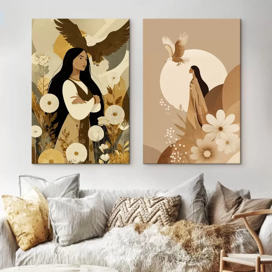 Pilt Naised lendavate kotkastega, hõimu stiilis, beežid värvid m00477