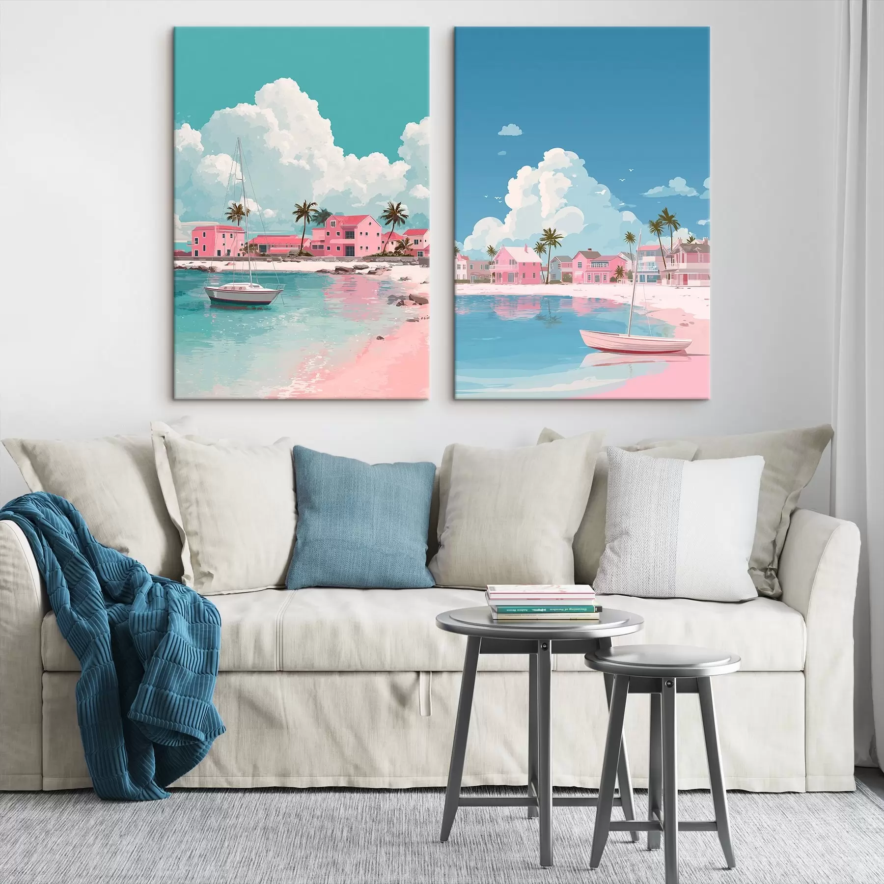 Pilt Roosa suvine rand koos päikesepaiste, purjeka ja majadega m00479